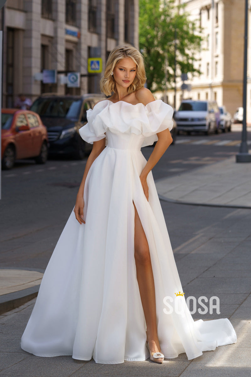 Off-Shoulder A-Line Tulle Casual Wedding Dress Bridal Gowns With Split QW8090
