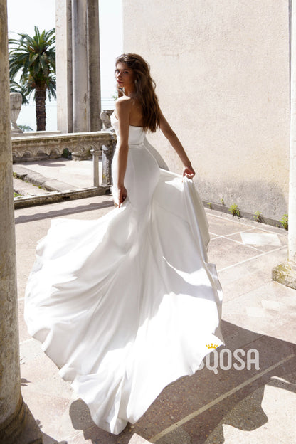 Strapless Sheath Beaded Pleats Casual Wedding Dress Bridal Gowns With Train QW8091