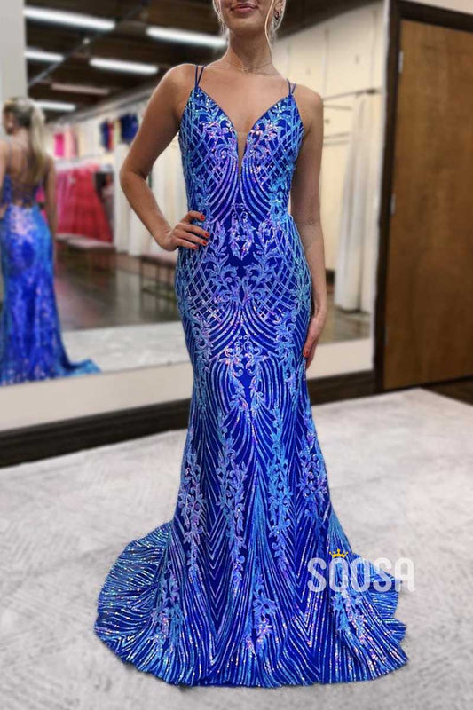 V-Neck Spaghetti Straps Sequined Appliques Party Prom Evening Dress QP3459