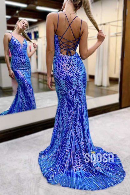 V-Neck Spaghetti Straps Sequined Appliques Party Prom Evening Dress QP3459