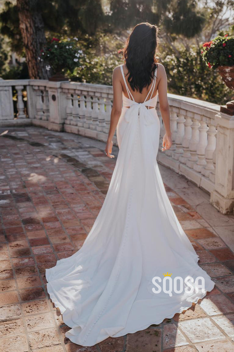 Mermaid Spaghetti Straps Casual Wedding Dress Bridal Gowns With Train QW8056