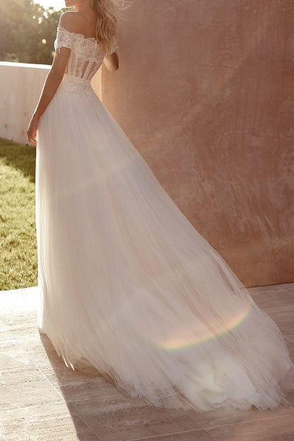 A Line Off Shoulder Lace Short Sleeves Boho Wedding Dress with Slit QW2121
