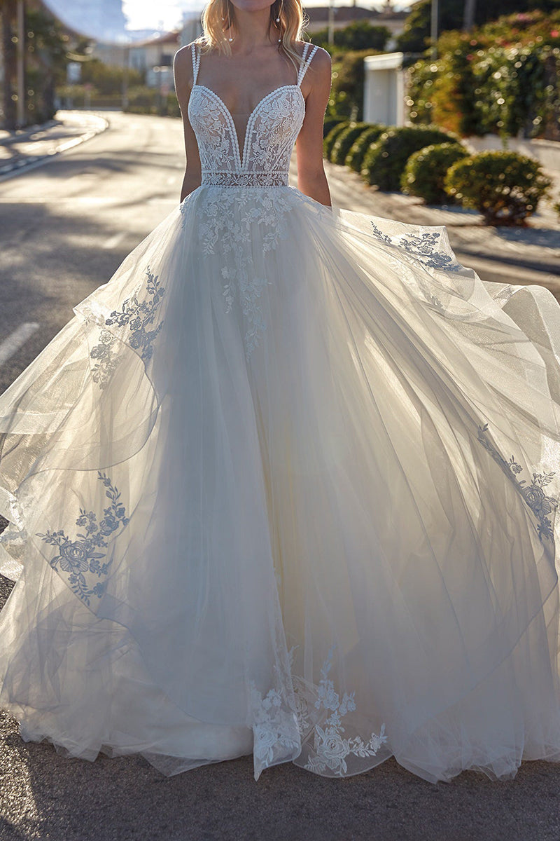 A Line Deep V Neck Lace Appliques Rustic Wedding Dress QW2100