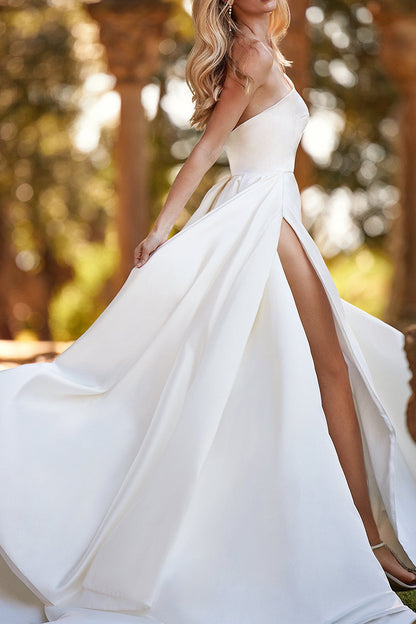 A Line One Shoulder Side Slit Satin Wedding Dress QW2101
