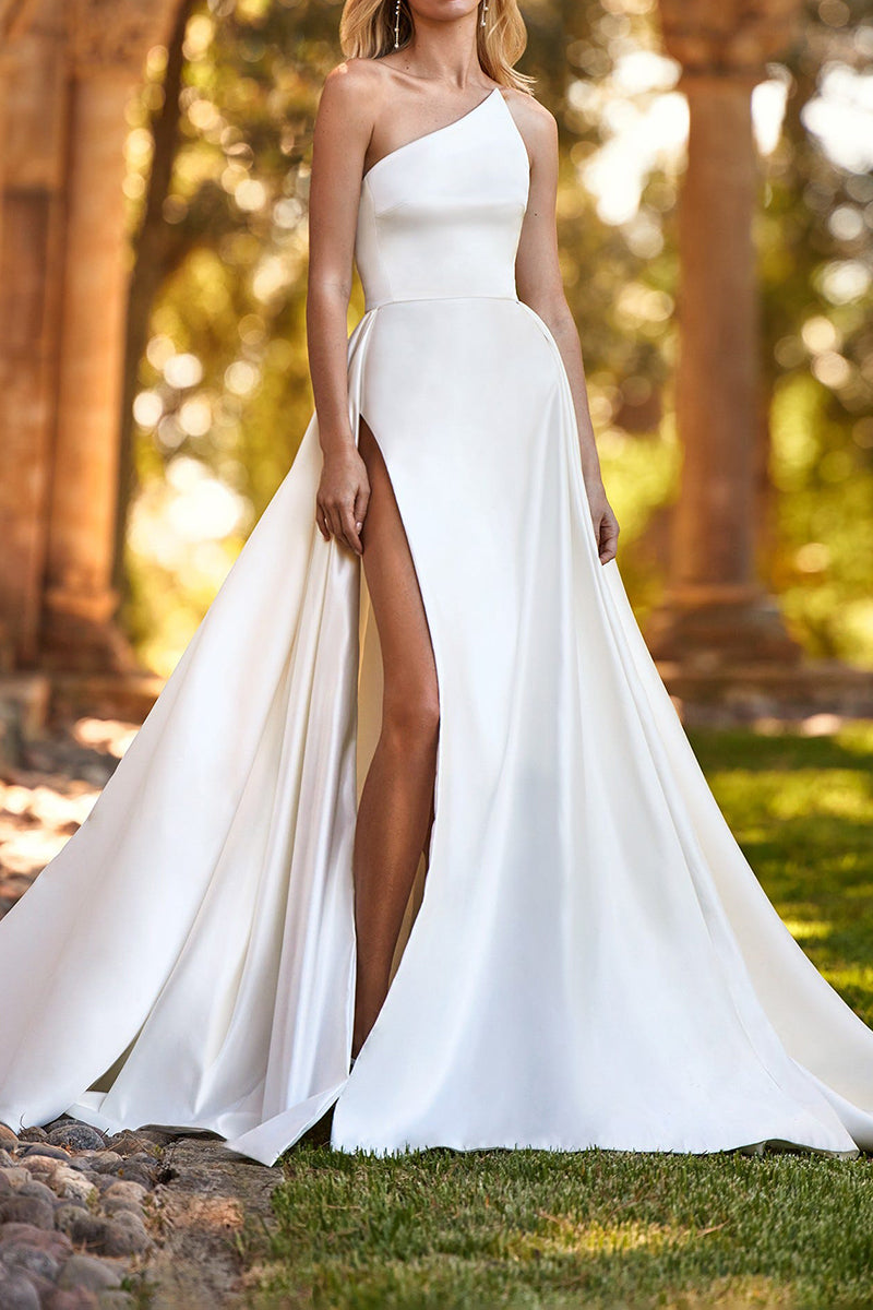 A Line One Shoulder Side Slit Satin Wedding Dress QW2101