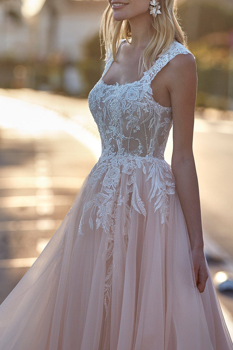 A Line Scoop Lace Appliques Rustic Wedding Dress with Sweep Train QW2106