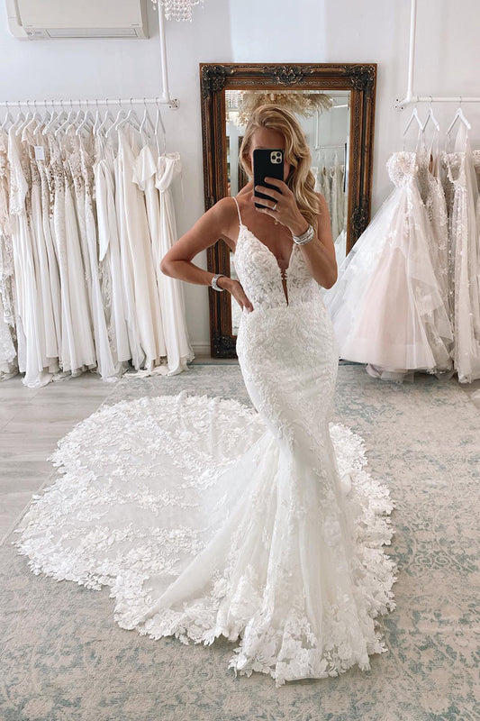 Plunging V -neck Spaghetti Straps Allover Lace Mermaid Wedding Dress QW2140