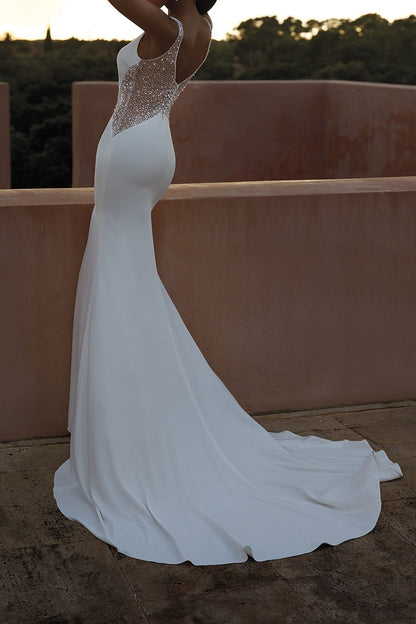 Attractive V Neck Beads Mermaid Wedding Dress with Court Train QW2120