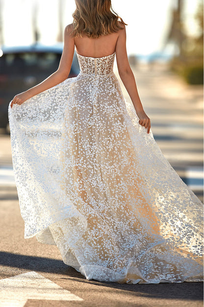 A Line Illusion Deep V Neck Romantic Lace Wedding Dress QW2104