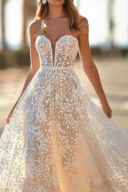 A Line Illusion Deep V Neck Romantic Lace Wedding Dress QW2104