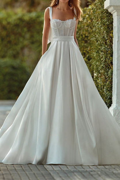 A line Sweetheart Pearls Satin Wedding Dress with Pockets QW2117