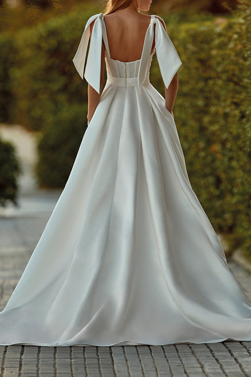 A line Sweetheart Pearls Satin Wedding Dress with Pockets QW2117