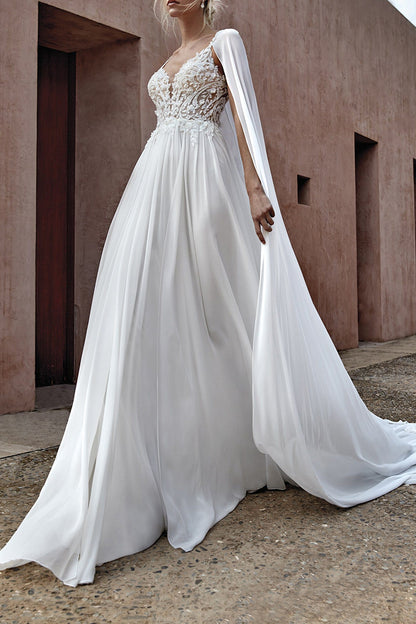 A line Illusion V neck Lace Appliques Boho Wedding Dress with Shawl QW2139