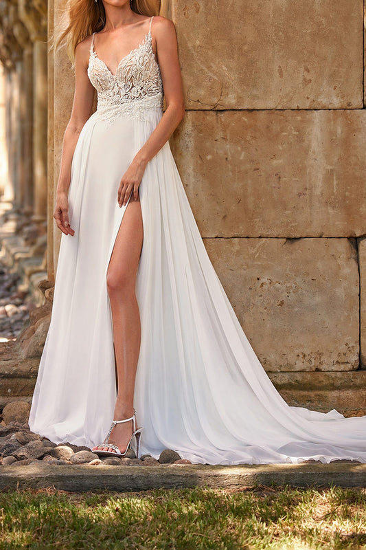 A Line Illusion V neck Lace Appliques Boho Wedding Dress with Slit QW2119