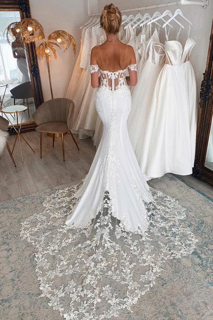 Illusion Deep V Neck Lace Appliques Mermaid Wedding Dress with Court Train QW2149