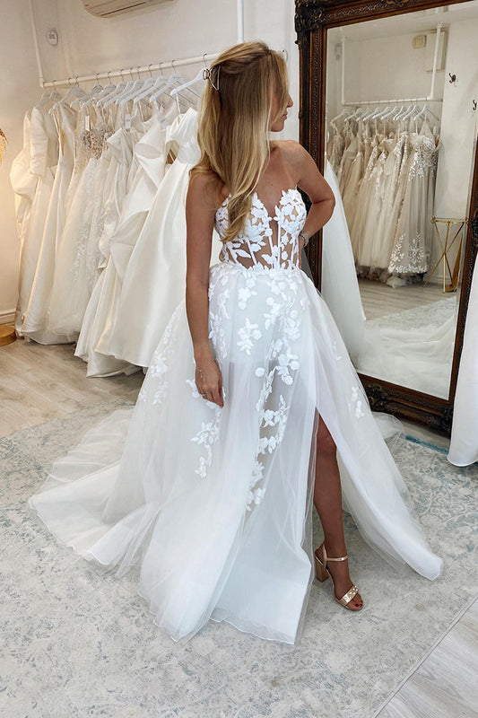 A Line Illusion V neck Lace Appliques Rustic Wedding Dress with Slit QW2142
