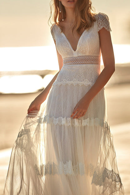 A Line V Neck Short Sleeves Romantic Lace Boho Wedding Dress QW2080