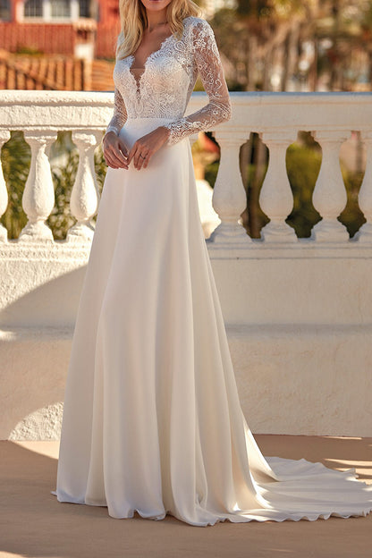 A Line Illusion V Neck Long Sleeves Lace Wedding Dress QW2108
