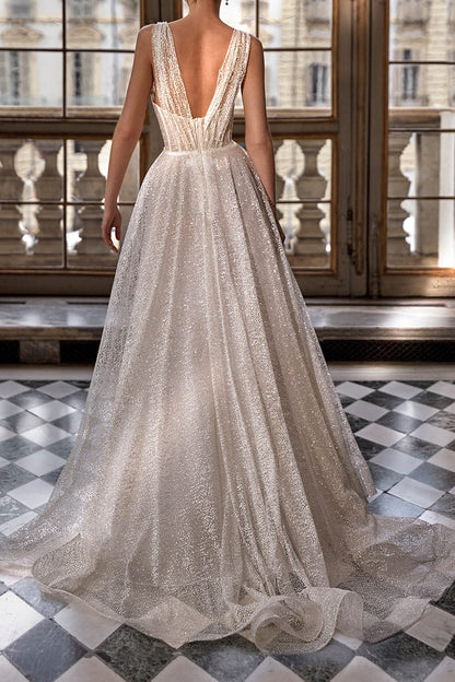 A Line V Neck Sparkly Wedding Dress with Slit QW2156