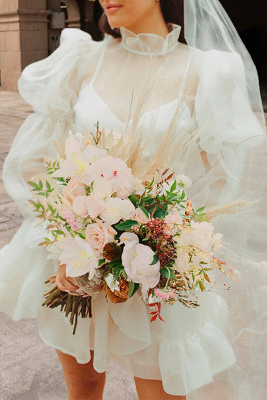 Bridal Shower Little White Dresses Wedding Dresses A Line Long Sleeves Bridal Gowns QW2360