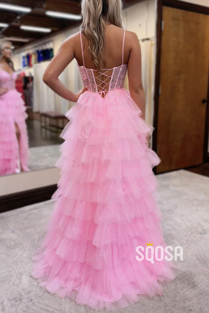Tulle A-Line Sweetheart Spaghetti Straps Appliques With Side SlitParty Prom Evening Dress  QP3302