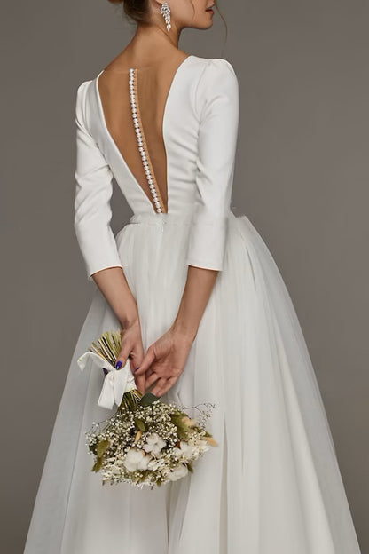 Bridal Shower Vintage 1940s / 1950s Little White Dresses Wedding Dresses Tea Length 3/4 Sleeves Bridal Gown QW2394
