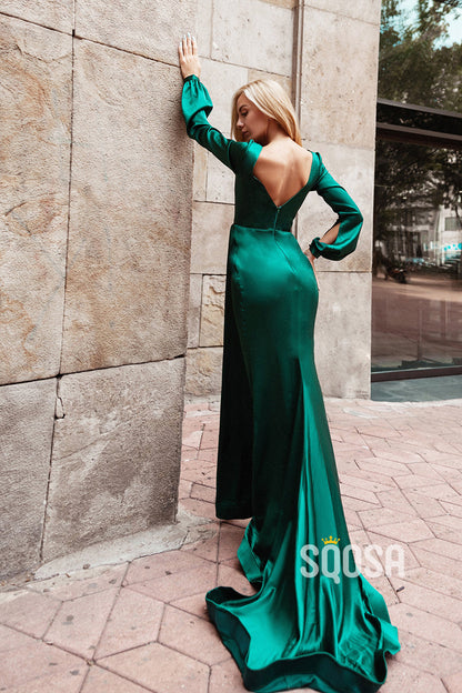 Chic & Modern V-Neck Long Sleeves Pleats High Split Prom Dress With Train QP2478