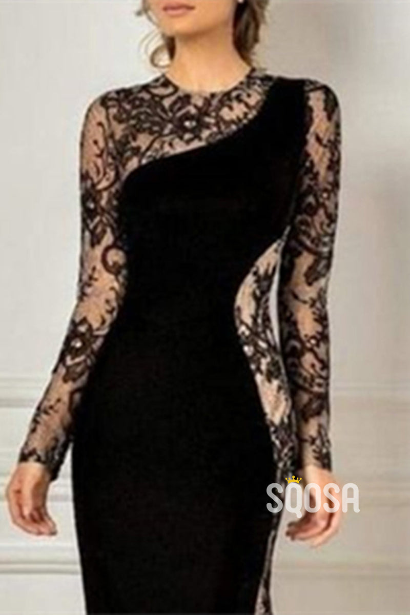 Sexy Trumpet Round Long Sleeves Lace Applique Mother of the Bride Dress Elegant Evening Gown HM3277
