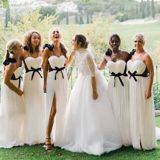 A Line V neck White and Black Plus Size Long Bridesmaid Dress QB3093