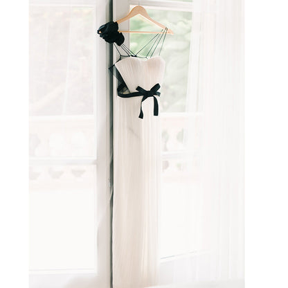 A Line V neck White and Black Plus Size Long Bridesmaid Dress QB3093