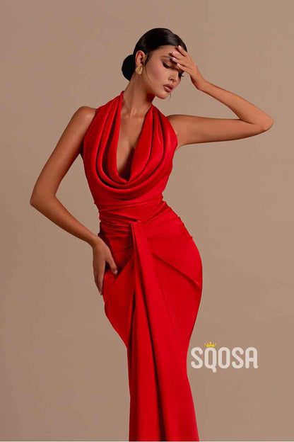 Sexy V neck Pleats Red Mermaid Long Formal Party Dress QP2531