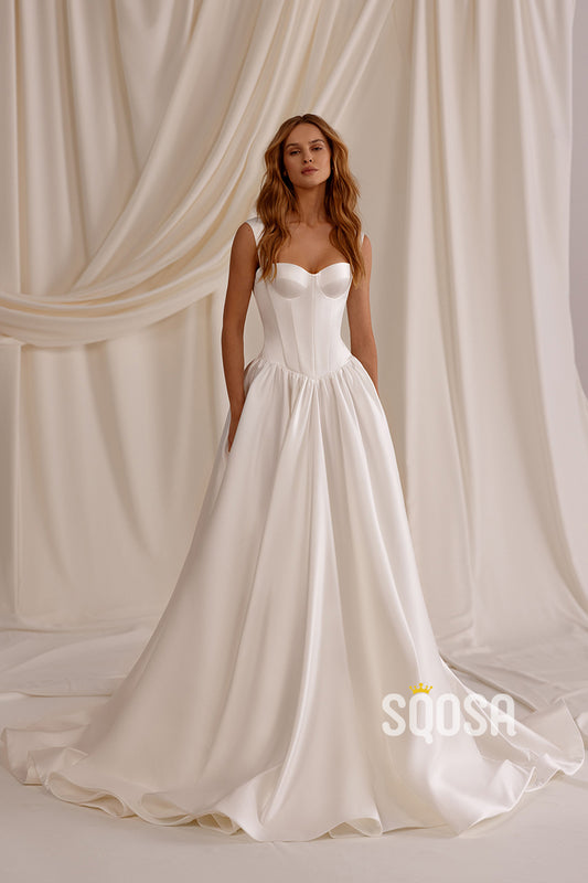 A-Line Sweetheart Satin Casual Wedding Dress Bridal Gowns With Train QW8064