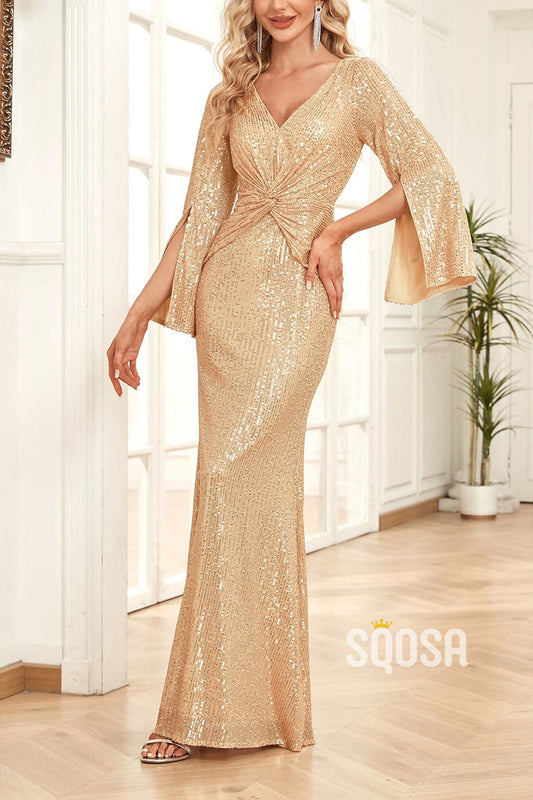 Glitter Fitted V-Neck Long Sleeves Empire Mother of the Bride Dress Elegant Evening Gown QM3274