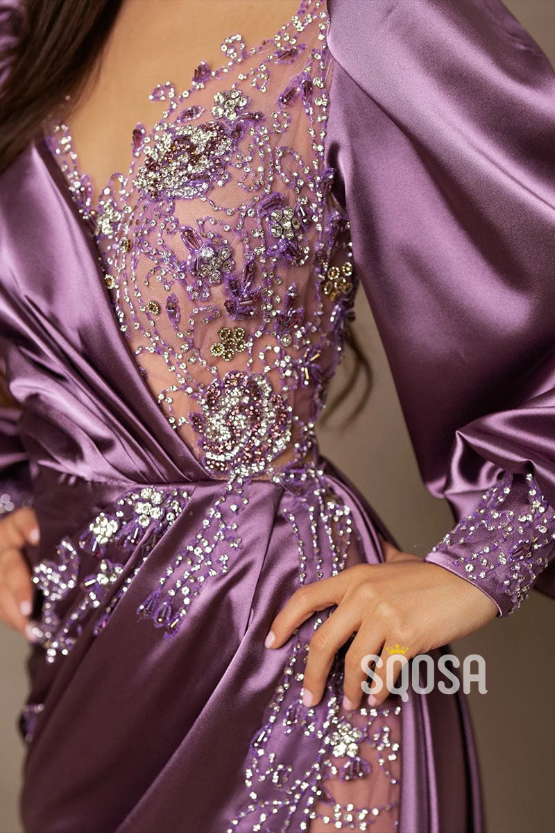 Chic & Modern V-Neck Bedaed Long Sleeves Split Prom Dress Evening Gowns QP2606