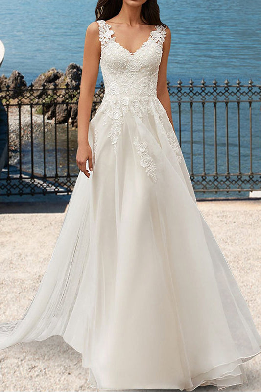 Beach Wedding Dress Court Train Lace Appliques A Line V Nec Summber Bridal Gown QW2390