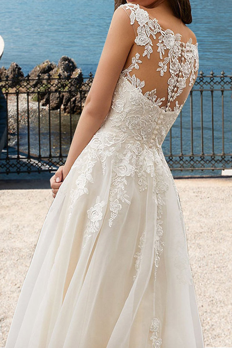 Beach Wedding Dress Court Train Lace Appliques A Line V Nec Summber Bridal Gown QW2390