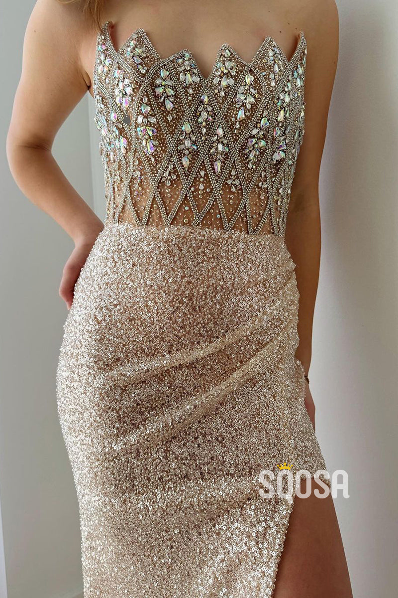 Asymmetrical Strapless Beaded Glitter Fitted With Train Party Prom Evening Dress  QP3241