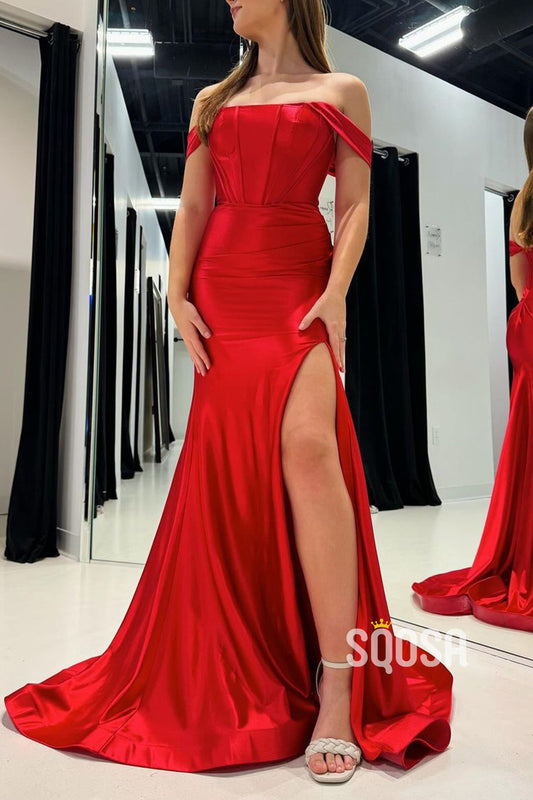 Off-Shoulder Sleeveless Satin Trumpet With Side Slit Party Prom Evening Dress  QP3323