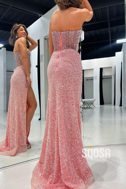 Sparkly Fitted Beaded Sweetheart With Side Slit Party Prom Evening Dress  QP3322