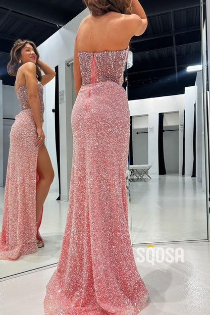 Sparkly Fitted Beaded Sweetheart With Side Slit Party Prom Evening Dress  QP3322