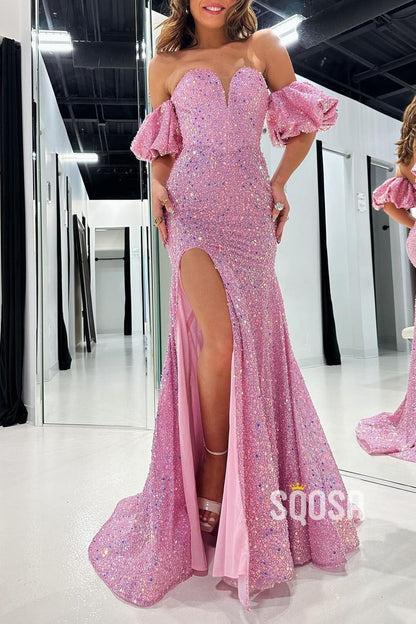 Glitter Off-Shoulder Puff Sleeves Beaded With Side Slit Party Prom Evening Dress  QP3320