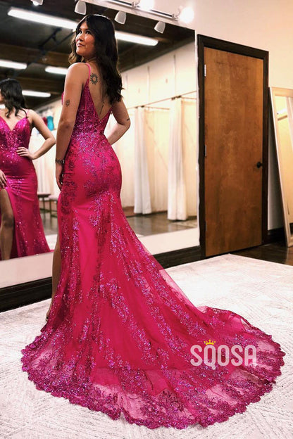 Mermaid V-Neck Sequins Long Prom Dress With Slit Evening Gowns QP2391