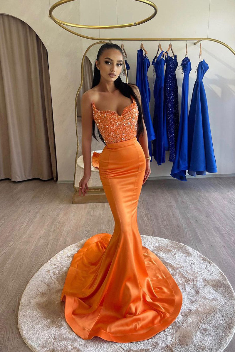 Sexy V Neck Orange Mermaid Prom Formal Dress Long Evening Party Gown QP2659