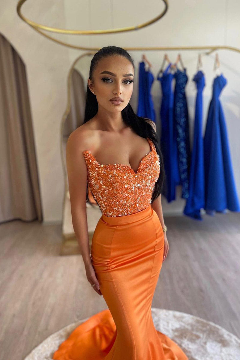 Sequin-Print Long Bright Orange Prom Dress - PromGirl