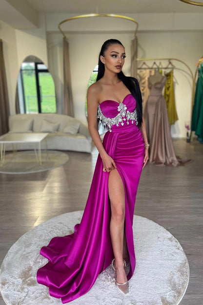 Sheath/Column Sweetheart Crystal Long Prom Formal Dress with Slit Evening Party Gown QP2658