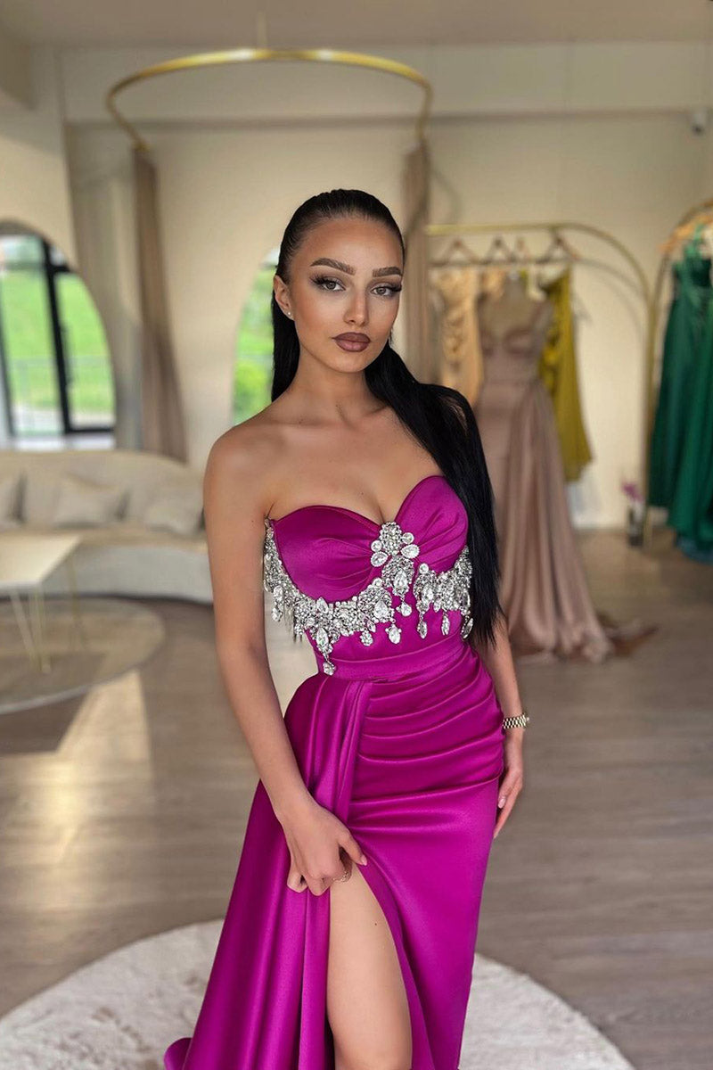 Sheath/Column Sweetheart Crystal Long Prom Formal Dress with Slit Evening Party Gown QP2658