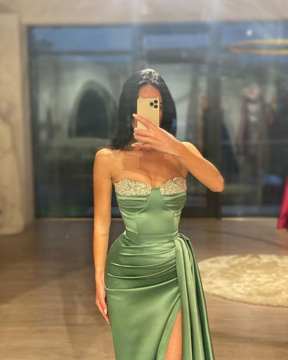 Sheath/Column Strapless Beaded Green Long Sleeves Prom Dress with Slit QP0865