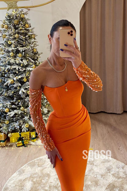 Sheath Strapless Beaded Long Sleeves Orange Prom Dress Evening Gowns QP2148