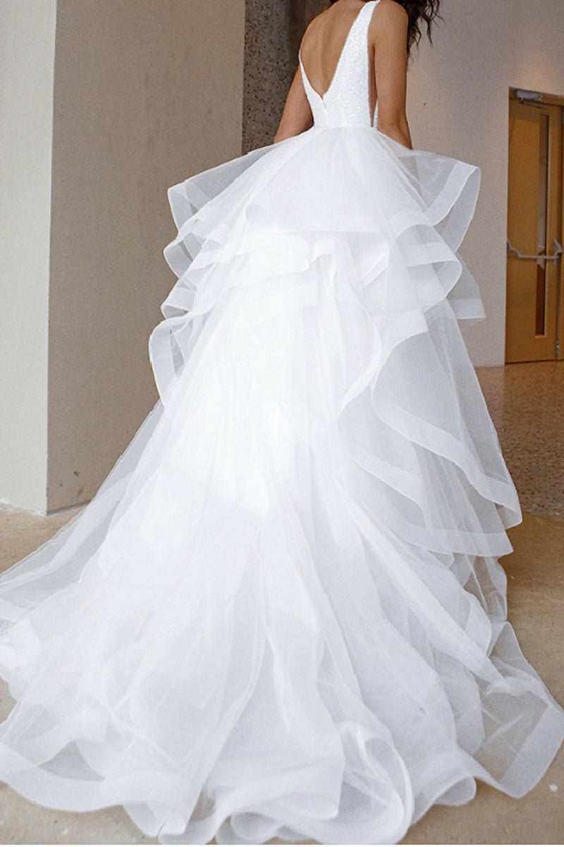 Engagement Sparkle & Shine Formal Wedding Dresses Court Train Sleeveless V Neck Bridal Gown QW2379