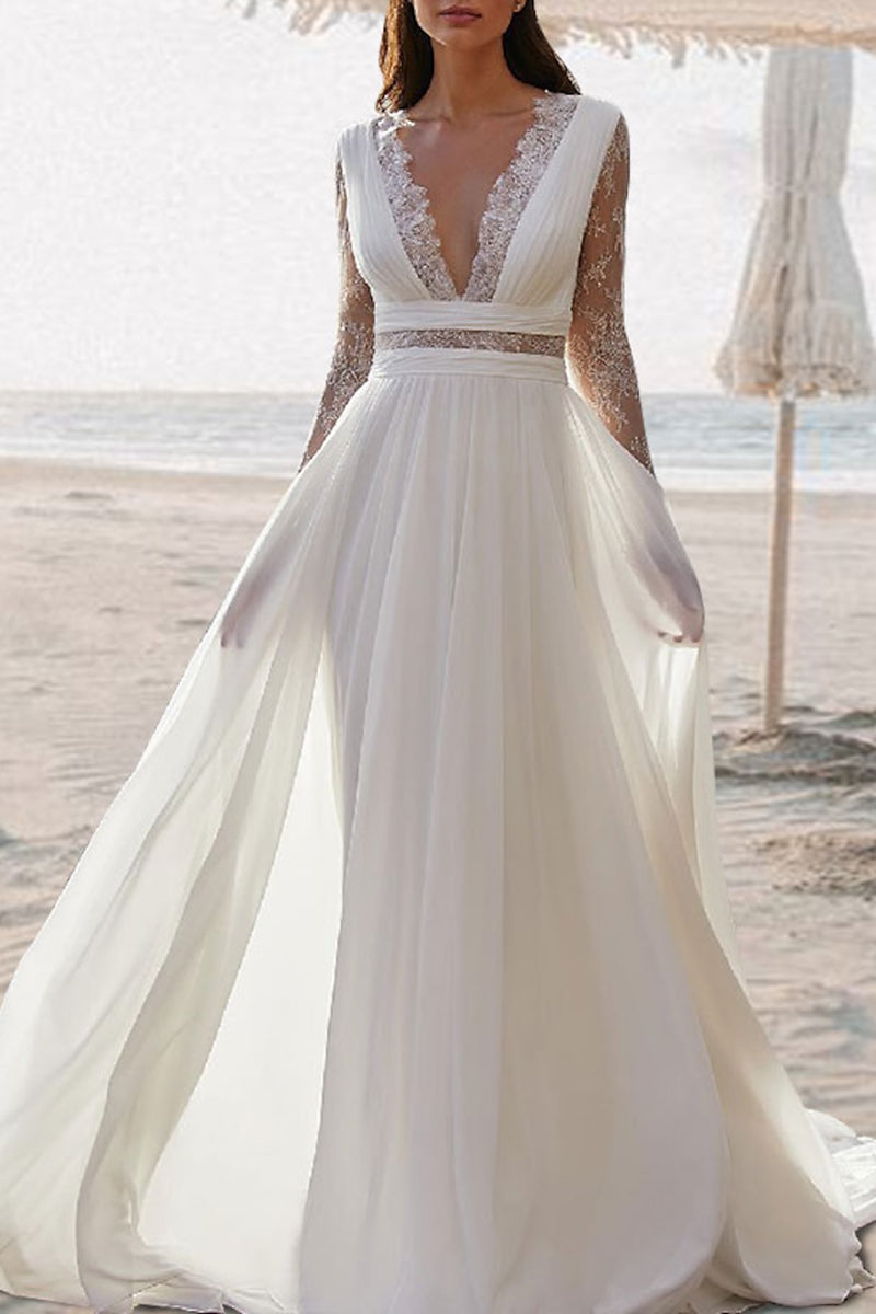 Beach Boho Wedding Dress A Line V Neck Floor Length Long Sleeves Summer Bridal Gown QW2383